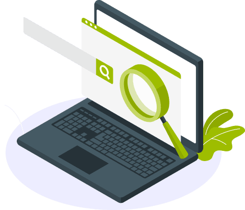 Illustrasjon av en laptop med søkefunksjon
