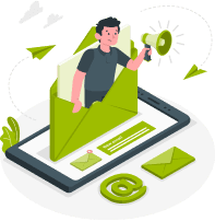 Illustrasjon av en mann som sitter i en konvolutt og snakker i en megafon